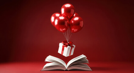 A book open with red balloons and a gift