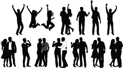 Fototapeta premium Black silhouettes of happy people jumping, couples dancing, and expressive group poses isolated on white background, vector illustration for celebration.