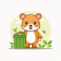 Vector icon of a baby animal properly disposing waste into a trash can, clean minimal design