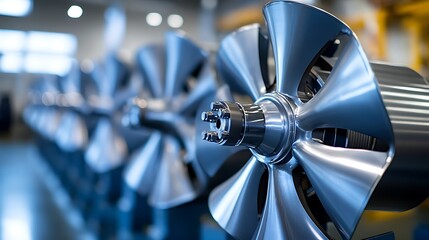 Close-up of a shiny metal propeller in a manufacturing facility, with other propellers blurred in the background.