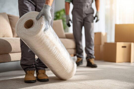 Cropped view of professional movers wrapping a sofa with stretch wrap in a living room