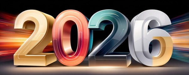 Vibrant 2026 digits in holographic style with colorful motion and glowing light streaks
