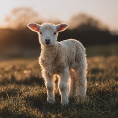 Naklejka premium Curious lamb in a green pasture bathed in warm sunlight