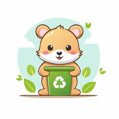 Vector icon of a baby animal properly disposing waste into a trash can, clean minimal design