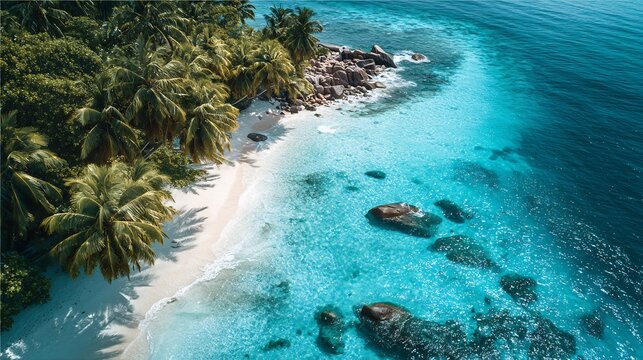 Aerial Serenity: A Coastal Paradise with Crystal-Clear Waters and Lush Vegetation in the Seychelles