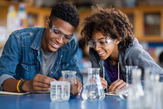 Two high school students doing science experiment in classroom