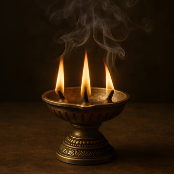 Traditional brass oil lamp with three burning flames, glowing diya with curling smoke on dark background, Indian spiritual worship and Hindu festival concept, sacred light, religious ceremony, meditat