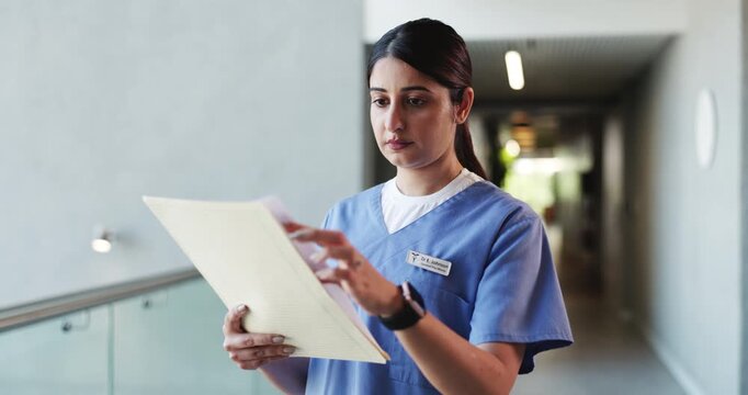 Nurse, documents and research with woman in hospital for treatment plan, patient history or medical report. Healthcare results, insurance paperwork or checkup records with person for doctor referral