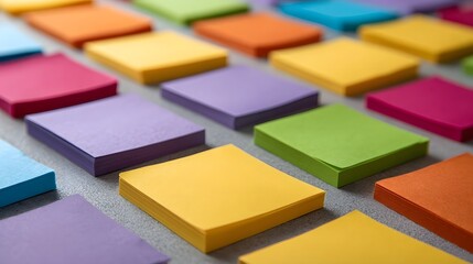 Obraz premium Stacks of colorful sticky notes neatly arranged in a grid pattern on a textured surface