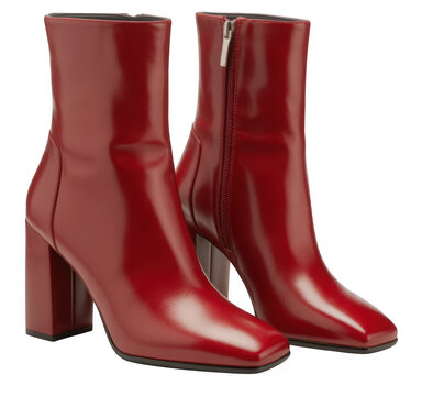 Red Leather Ankle Boots with Zipper isolated on a transparent background