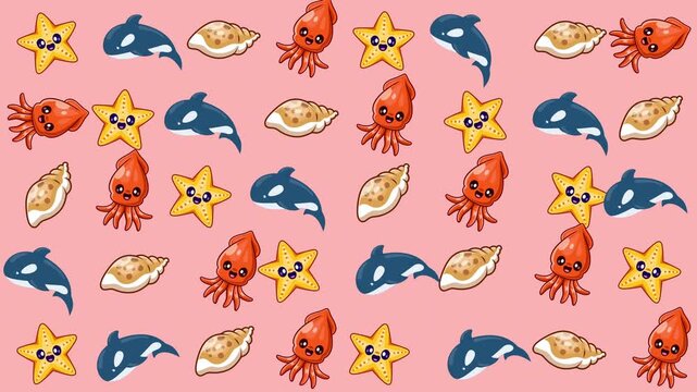 Cute sea creature cartoons on a pink background ideal for childrens educational materials. Educational books, kids posters, oceanthemed websites, childrens mobile apps, nursery decor.