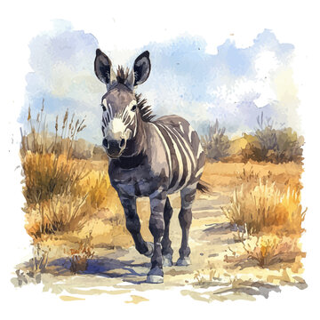 Zonkey Walking, vibrant painting vector in watercolor style with playful brushwork and lively colors, isolated on a white background.