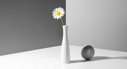 Minimalist Still Life - White Daisy in Vase with Geometric Shapes.