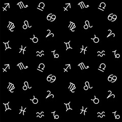 zodiac signs and geometric shapes on black background. Stylish abstract seamless pattern in trendy style Vector illustration	
