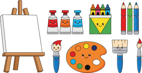 Cute kawaii art supplies vector set featuring smiling easel canvas paint tubes crayons colored pencils palette and brushes for school education and craft designs. © mstLilima