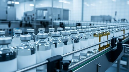 Obraz premium Industrial Production Line of Bottled Liquids in a Modern Laboratory Setting
