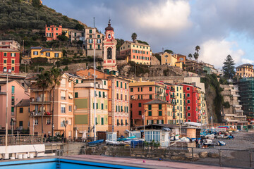 Fototapeta premium Camogli (Province of Genoa, Liguria), Italy, 01.05.2026: view of the colourful village along the italian riviera during winter.