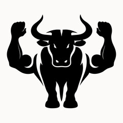 A black silhouette of a muscular bull with flexed arms and horns