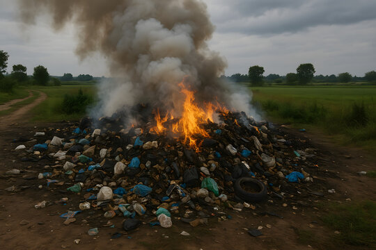 Burning garbage waste dump fire releasing thick black smoke into rural atmosphere, plastic trash combustion and air pollution concept, illegal waste disposal, environmental contamination, climate chan