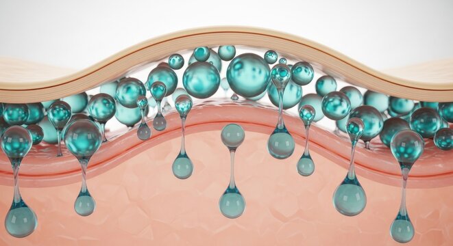 Microscopic view illustrates hydration molecules penetrating the outer layer of skin tissue