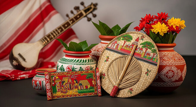 Traditional Bengali cultural composition with Ektara musical instrument, decorative hand fan, painted clay pots, and Gamcha for Pohela Boishakh festival