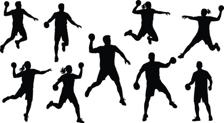 Handball player silhouettes in dynamic jumping and throwing poses isolated on white background for sports action and athletic design