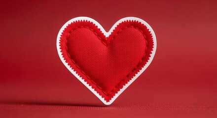 Red fabric heart with white stitching on red background