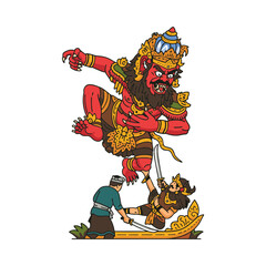 Indonesian Mythology Red Giant Character Illustration Fighting with Traditional Warriors
