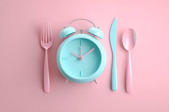 Alarm clock and plate with cutlery . Concept of intermittent fasting, lunchtime, diet and weight loss