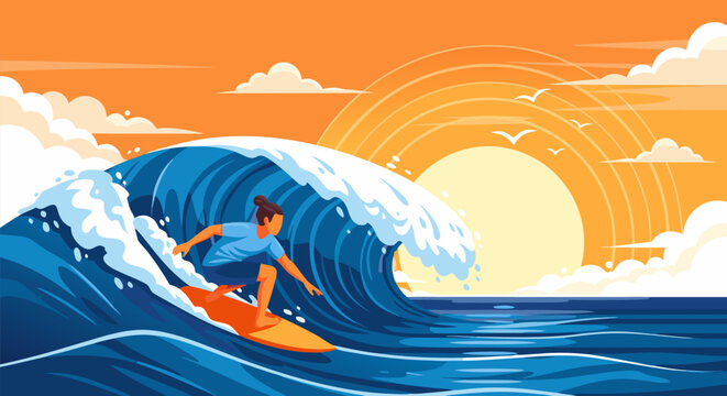 Surfing the golden wave a vibrant vector illustration of a surfer riding a cresting wave under a warm, setting sun, capturing the thrill of the ocean sport