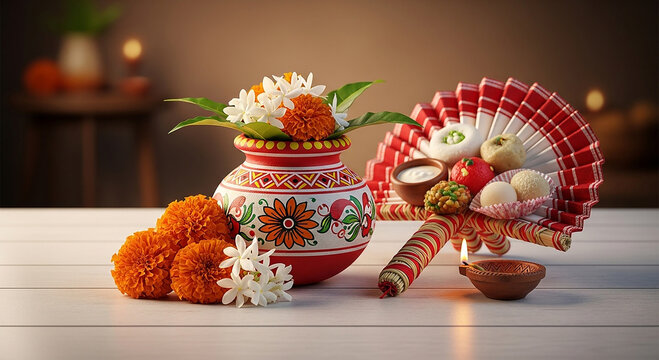 Pohela Boishakh celebration concept with green mangoes, traditional sweets, and Rabindranath Tagore book on decorated table