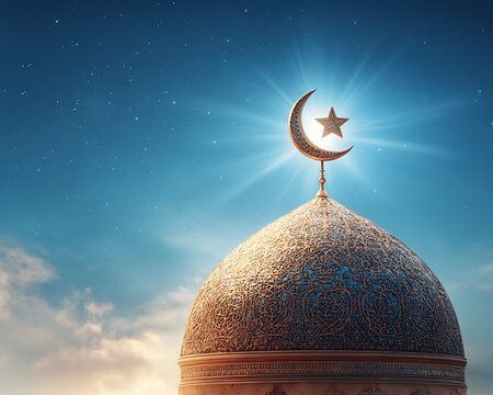 Mosque of Muslim. Crescent on copper covered dome and minaret of mosque against blue sky. Symbol of Islam and Ramadan.