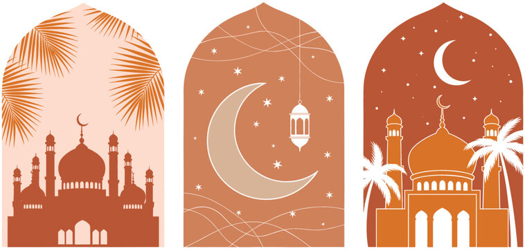 Set of three boho style Islamic arch vectors featuring mosque silhouettes crescent moon lanterns and palm leaves in warm terracotta tones for Ramadan and Eid Mubarak designs.