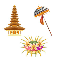 Balinese Cultural Elements Set with Meru Temple Pagoda Tedung Umbrella and Canang Sari