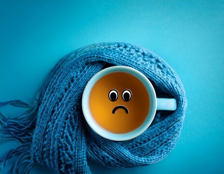 blue monday concept cup of tea with sad smiley face wrapped in a knitted scarf on blue background