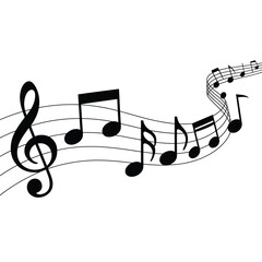 Black musical notes and treble clef floating on a white background