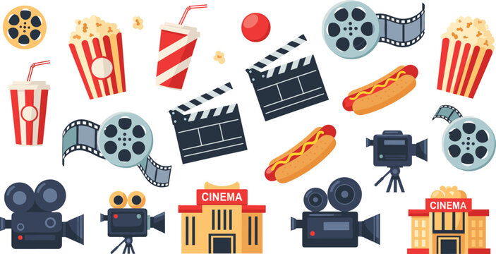 Cinema movie elements vector collection. Popcorn drinks film reels cameras clapperboards and theaters. Flat entertainment icons arranged as creative movie collage.