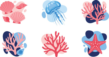 Sea life flat illustration elements. Coral reef shapes with jellyfish starfish shells and ocean plants. Soft colorful vector graphics for marine design, education and summer themes. © HazelQueen