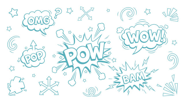 Comic boom cartoon effect line element set. Comic speech bubble pow, boom text, explosive splash smoke. Hand drawn sketch doodle action effect. Vector illustration
