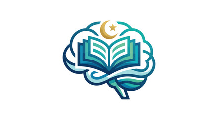 Fototapeta premium Vibrant brain logo with open book and crescent moon symbol
