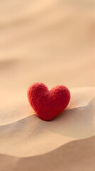 Fototapeta premium Vertical Shot of Red Plush Heart in Golden Desert Sand Dunes