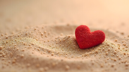 Fototapeta premium Red Heart Shape Resting on Soft Golden Sand