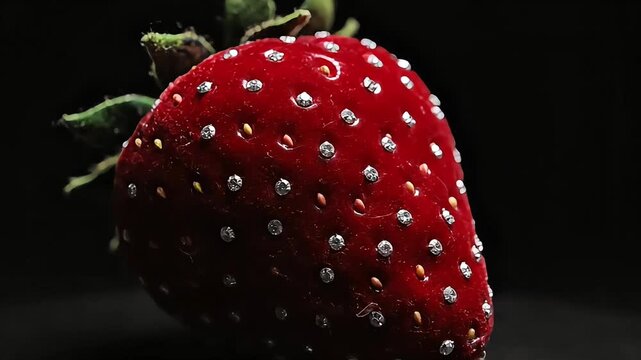 Macro shot of a single ripe strawberry adorned with sparkling silver dots, highlighting its texture and vibrant red color against a dark backdrop