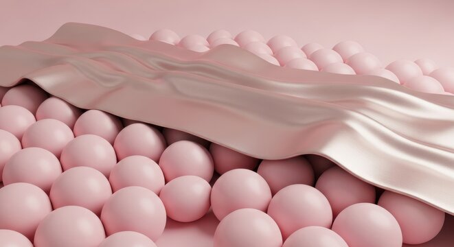 Pink spheres layered beneath a flowing draped textile surface illustrate a microscopic structure.