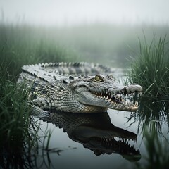 Fototapeta premium Menacing Crocodile in Murky Water - A Predators Gaze.