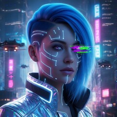 Cyberpunk Portrait - Futuristic Woman with Glowing Circuitry and Blue Hair.