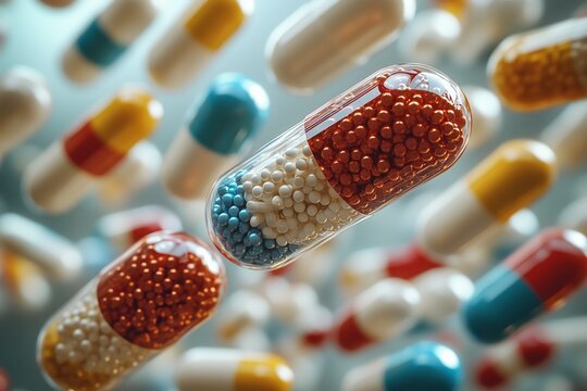 Floating capsule over blurred pills, clean minimal medical visual for telemedicine apps, pharmacies and wellness campaigns.