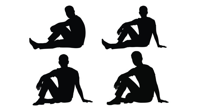 Four silhouettes of a person sitting with arms resting on knees