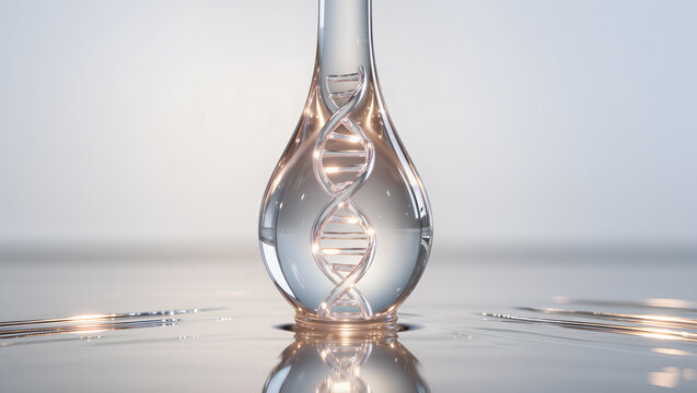 DNA helix inside serum drop, biotechnology skincare concept