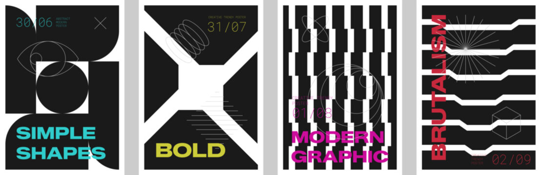 Brutalist bold abstract shape with black geometric distortion and playful postmodern rhythm. Flat retrofuturism poster element with psychedelic acid gradation and contemporary futuristic texture.